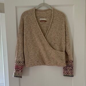 Anthropologie Beige V-Neck Sweater with Patterned Sleeves